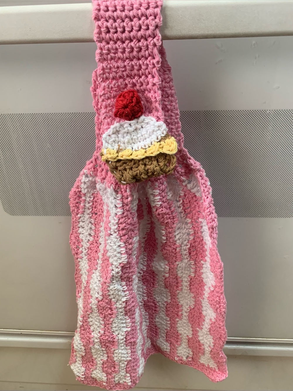 Cupcake Pink and White Wave Kitchen Towel Hanging New Handmade Crochet